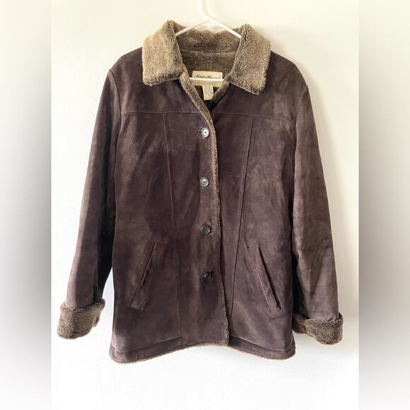 Eddie Bauer Vintage Chocolate Brown Suede Leather Shearling Coat Size M - Picture 1 of 4